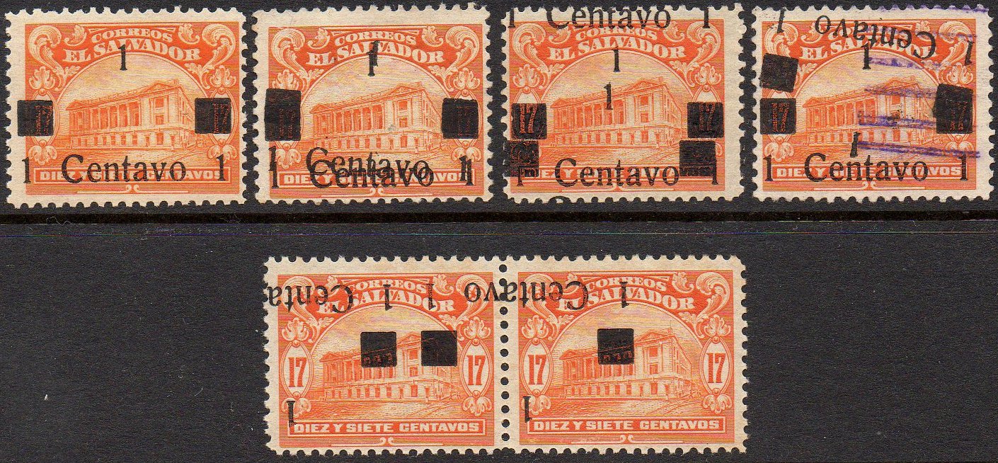 sellos timbres-poste Briefmarken stamps El Salvador 1919 Centavo surcharges on Tram Trolley Tranvia National Theatre teatro nacional 